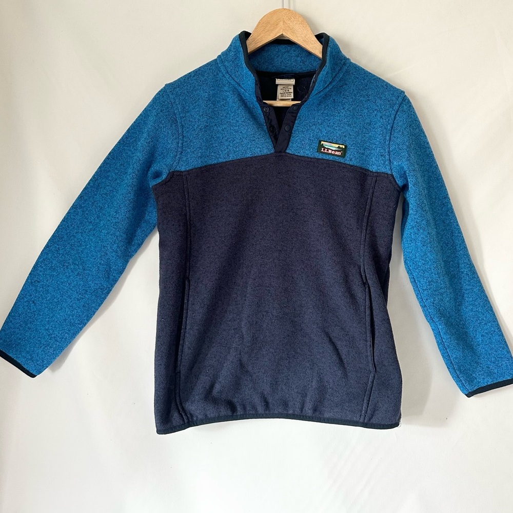LL Bean Boys’ Quarter Snap Pullover Sweater Blue Fleece Kangaroo Pocket Size L